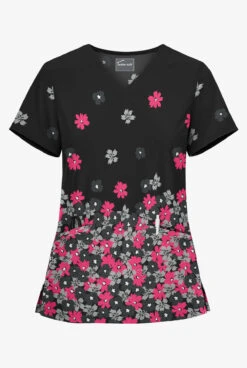 UA Butter-Soft Botanical Cascade Black Printed Women's 2-Pocket V-Neck Scrub Top
