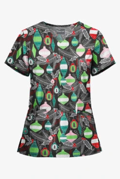 Butter-Soft Christmas Baubles Women's 2-Pocket With Angled Welts V-Neck Print Scrub Top