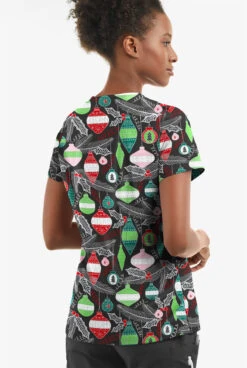Butter-Soft Christmas Baubles Women's 2-Pocket With Angled Welts V-Neck Print Scrub Top -Clinic Love Style TS631CBBL 3