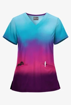 UA Butter-Soft STRETCH Evening Sky Ombre Women's 2-Angled Welt Pocket V-Neck Printed Scrub Top