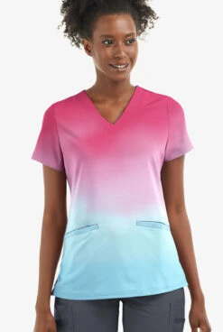 UA Butter-Soft STRETCH Evening Sky Ombre View Women's 2-Angled Welt Pocket V-Neck Printed Scrub Top
