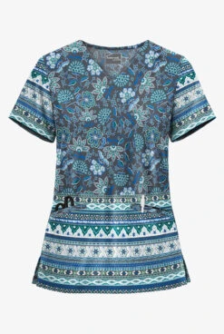 UA Butter-Soft STRETCH Jacobean Border Pewter Women's 2-Pocket With Angled Welt Print Scrub Top