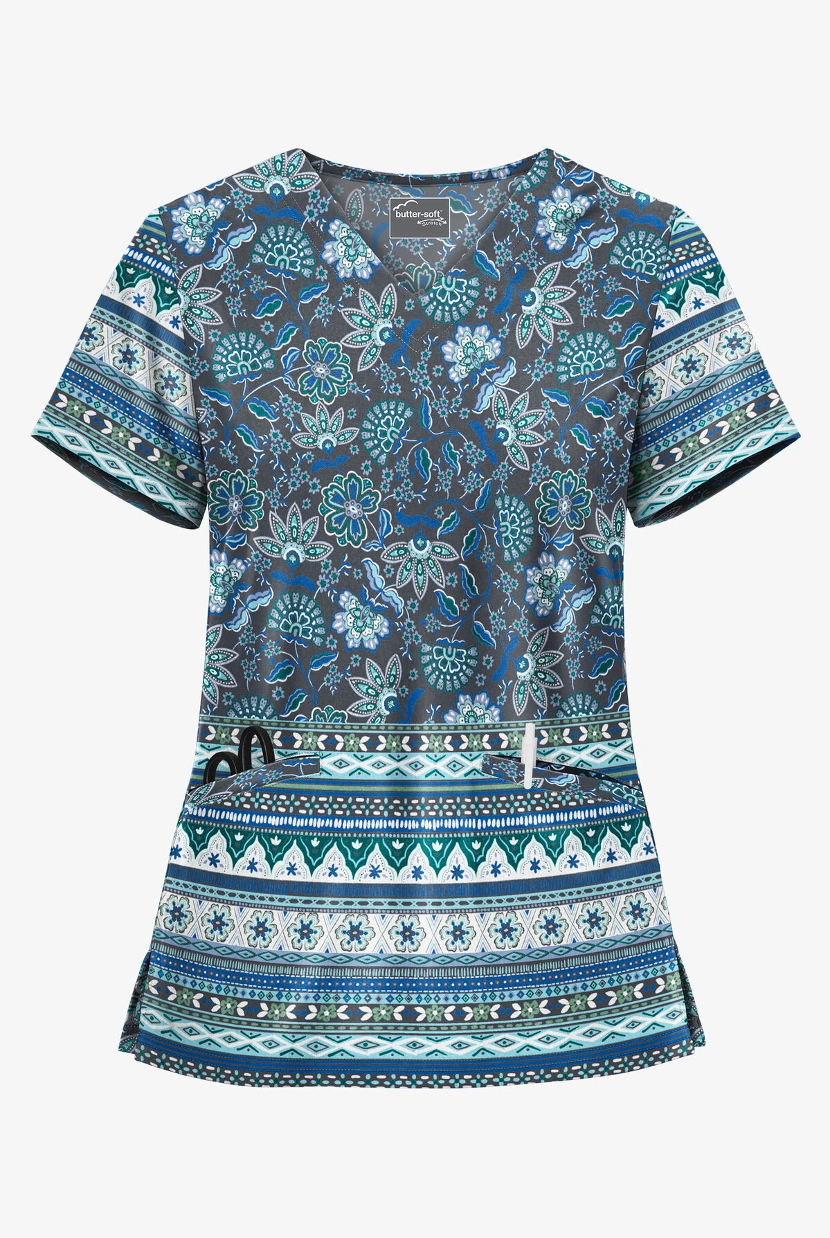 UA Butter-Soft STRETCH Jacobean Border Pewter Women's 2-Pocket With Angled Welt Print Scrub Top 1 UA Butter-Soft STRETCH Jacobean Border Pewter Women's 2-Pocket With Angled Welt Print Scrub Top