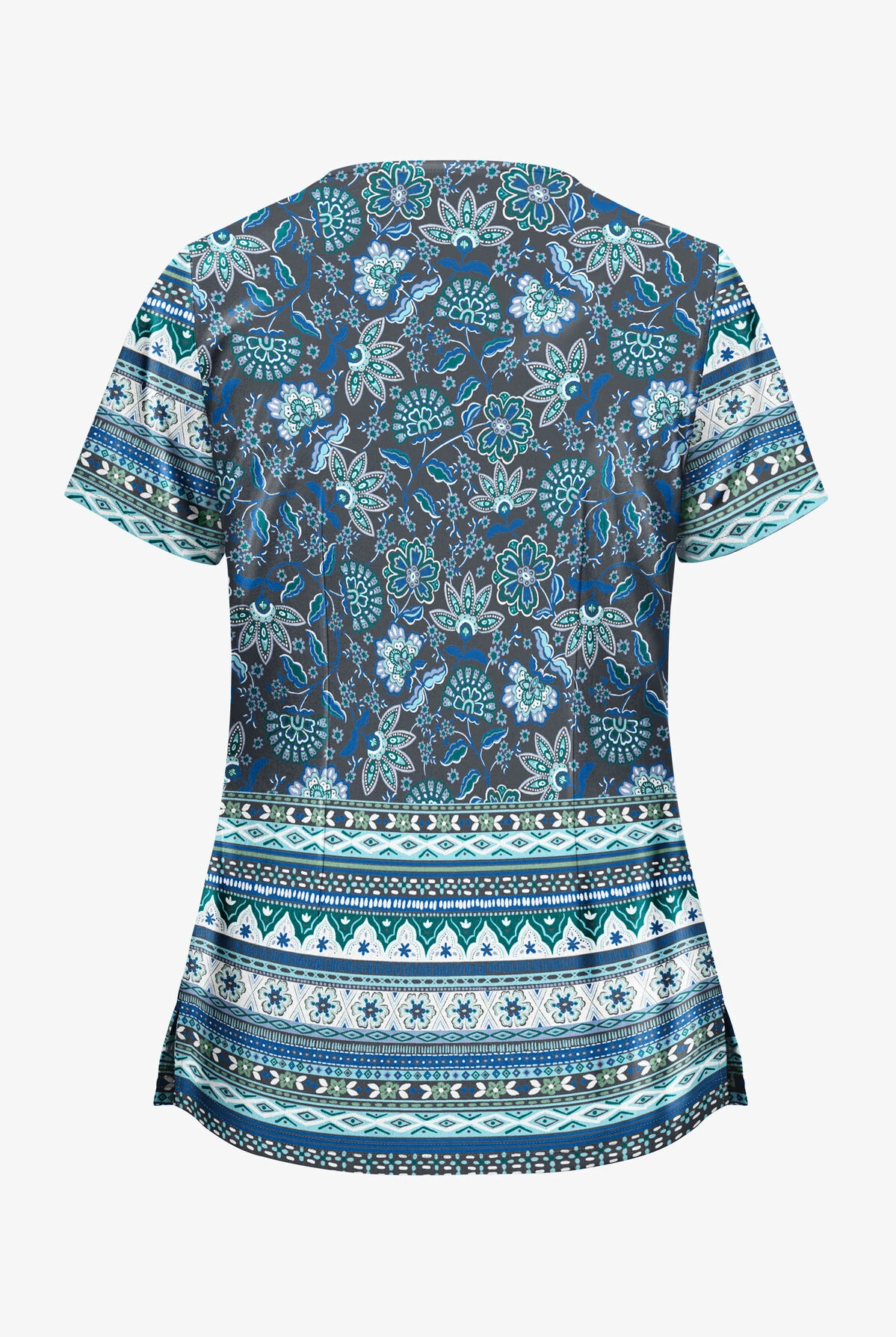 UA Butter-Soft STRETCH Jacobean Border Pewter Women's 2-Pocket With Angled Welt Print Scrub Top 2 UA Butter-Soft STRETCH Jacobean Border Pewter Women's 2-Pocket With Angled Welt Print Scrub Top - Image 2