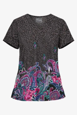 UA Butter-Soft STRETCH Jungle Paisley Pewter Women's 2-Angled Welt Pocket V-Neck Printed Scrub Top