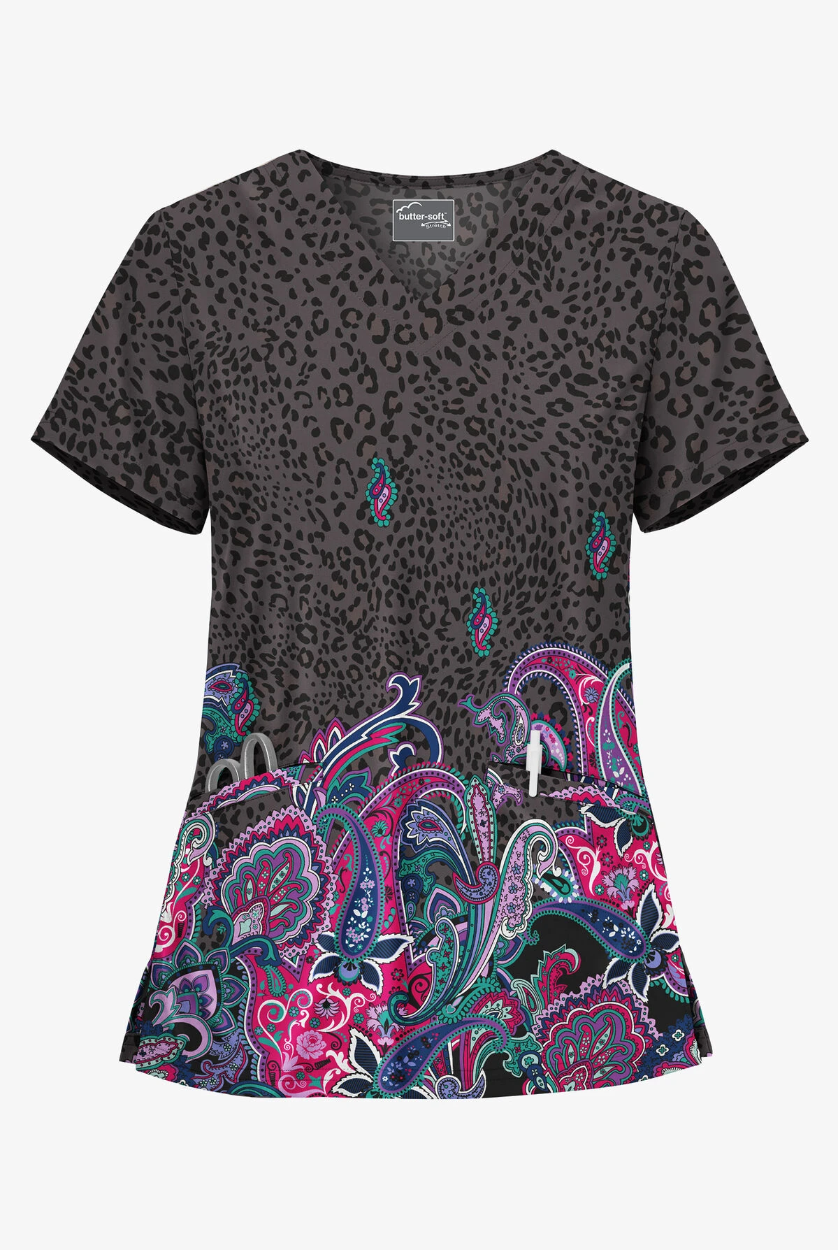 UA Butter-Soft STRETCH Jungle Paisley Pewter Women's 2-Angled Welt Pocket V-Neck Printed Scrub Top 1 UA Butter-Soft STRETCH Jungle Paisley Pewter Women's 2-Angled Welt Pocket V-Neck Printed Scrub Top