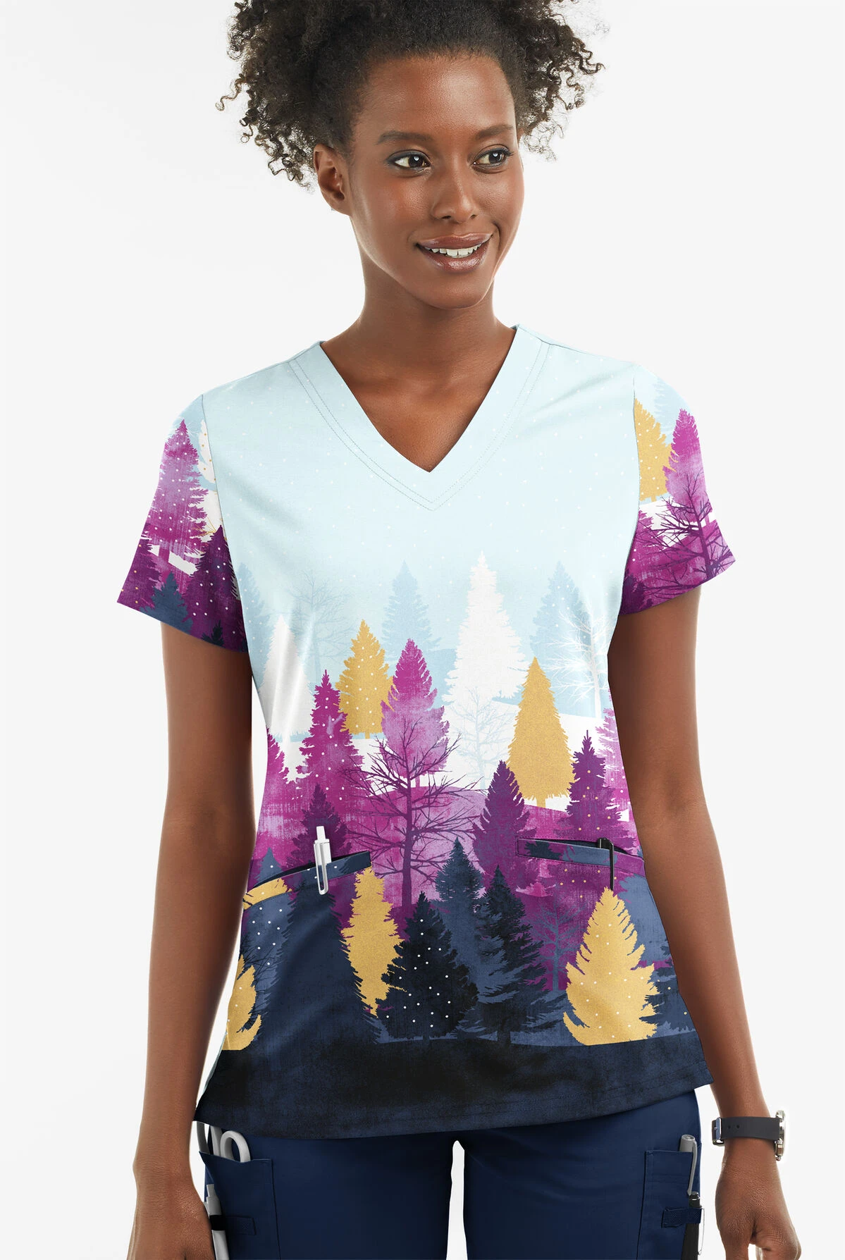 Butter-Soft Nordic Forest Berry Burst Women's 2-Pocket With Angled Welt V-Neck Print Scrub Top 2 Butter-Soft Nordic Forest Berry Burst Women's 2-Pocket With Angled Welt V-Neck Print Scrub Top - Image 2
