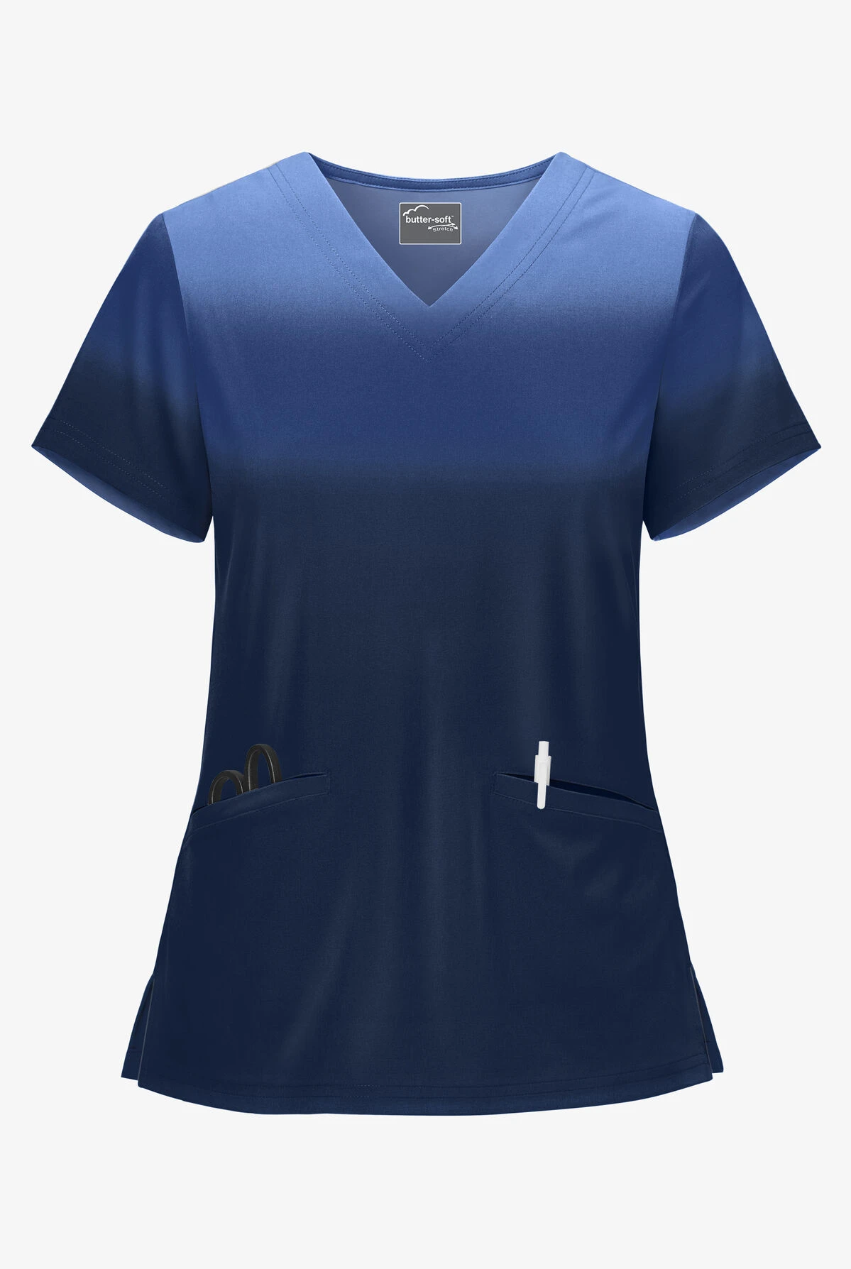 Butter-Soft STRETCH Prism Ombre Navy Women's 2-Pocket V-Neck Print Scrub Top 1 Butter-Soft STRETCH Prism Ombre Navy Women's 2-Pocket V-Neck Print Scrub Top