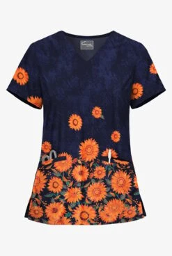 UA Butter-Soft STRETCH Sunflowers Navy Women's 2-Angled Welt Pocket V-Neck Printed Scrub Top