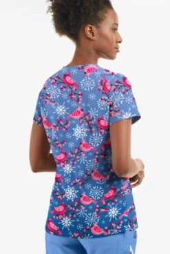 Butter-Soft Winter Finches Royal Women's 2-Pocket With Angled Welt V-Neck Print Scrub Top -Clinic Love Style TS631WFRL 3