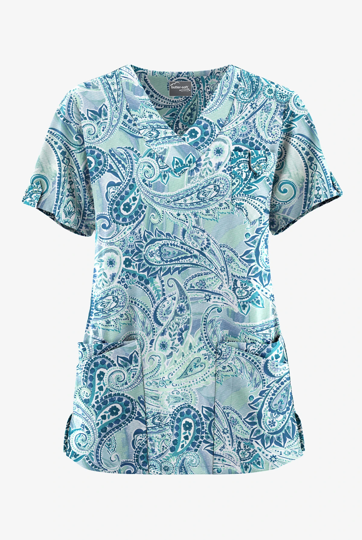 UA Butter-Soft STRETCH Paisley Romance Watermint Women's 5-Pocket V-Neck Scrub Top 1 UA Butter-Soft STRETCH Paisley Romance Watermint Women's 5-Pocket V-Neck Scrub Top