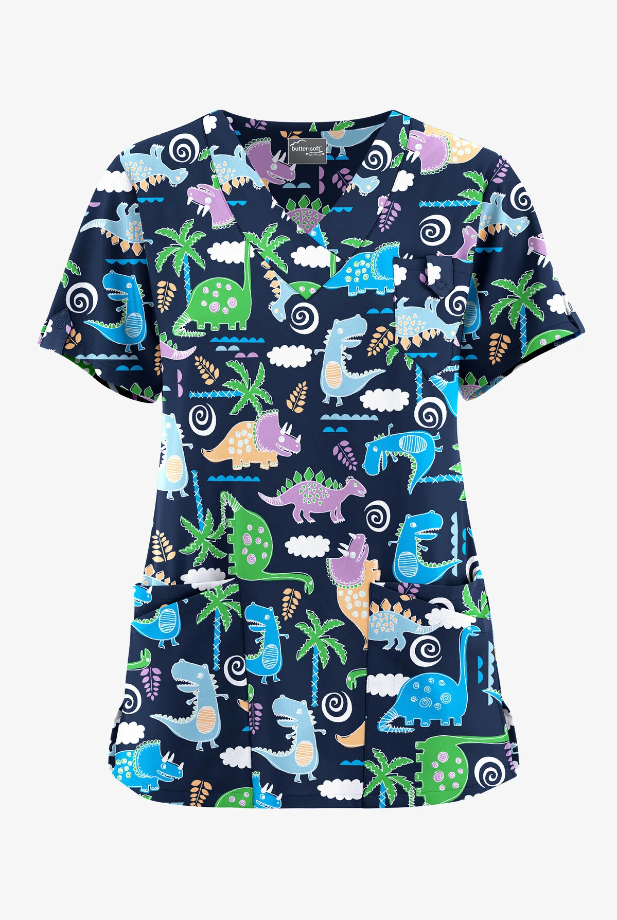UA Butter-Soft STRETCH Stompin' Dino Turquoise Women's 5-Pocket V-Neck Scrub Top 1 UA Butter-Soft STRETCH Stompin' Dino Turquoise Women's 5-Pocket V-Neck Scrub Top