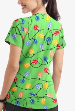 Butter-Soft Fairy Lights Grass Green Women's 4-Pocket Rounded V-Neck Printed Scrub Top -Clinic Love Style TS697FLGG 3