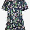 Butter-Soft Holiday Llamas Navy Women's 4-Pocket Rounded V-Neck Print Scrub Top