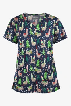 Butter-Soft Holiday Llamas Navy Women's 4-Pocket Rounded V-Neck Print Scrub Top