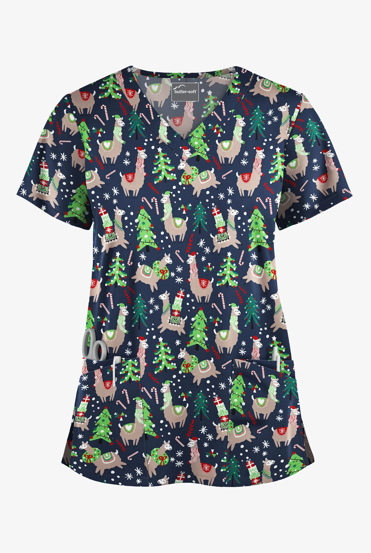 Butter-Soft Holiday Llamas Navy Women's 4-Pocket Rounded V-Neck Print Scrub Top 1 Butter-Soft Holiday Llamas Navy Women's 4-Pocket Rounded V-Neck Print Scrub Top