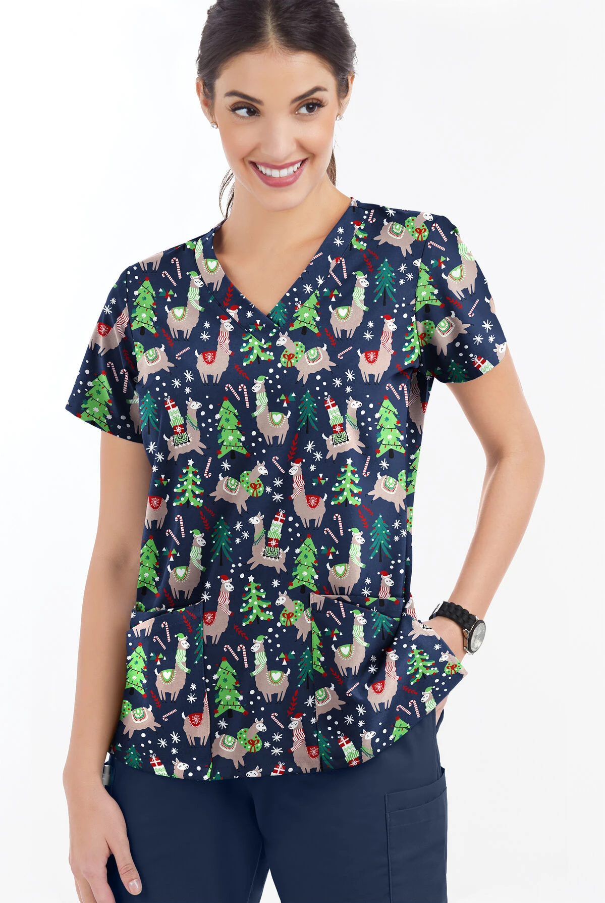 Butter-Soft Holiday Llamas Navy Women's 4-Pocket Rounded V-Neck Print Scrub Top 2 Butter-Soft Holiday Llamas Navy Women's 4-Pocket Rounded V-Neck Print Scrub Top - Image 2
