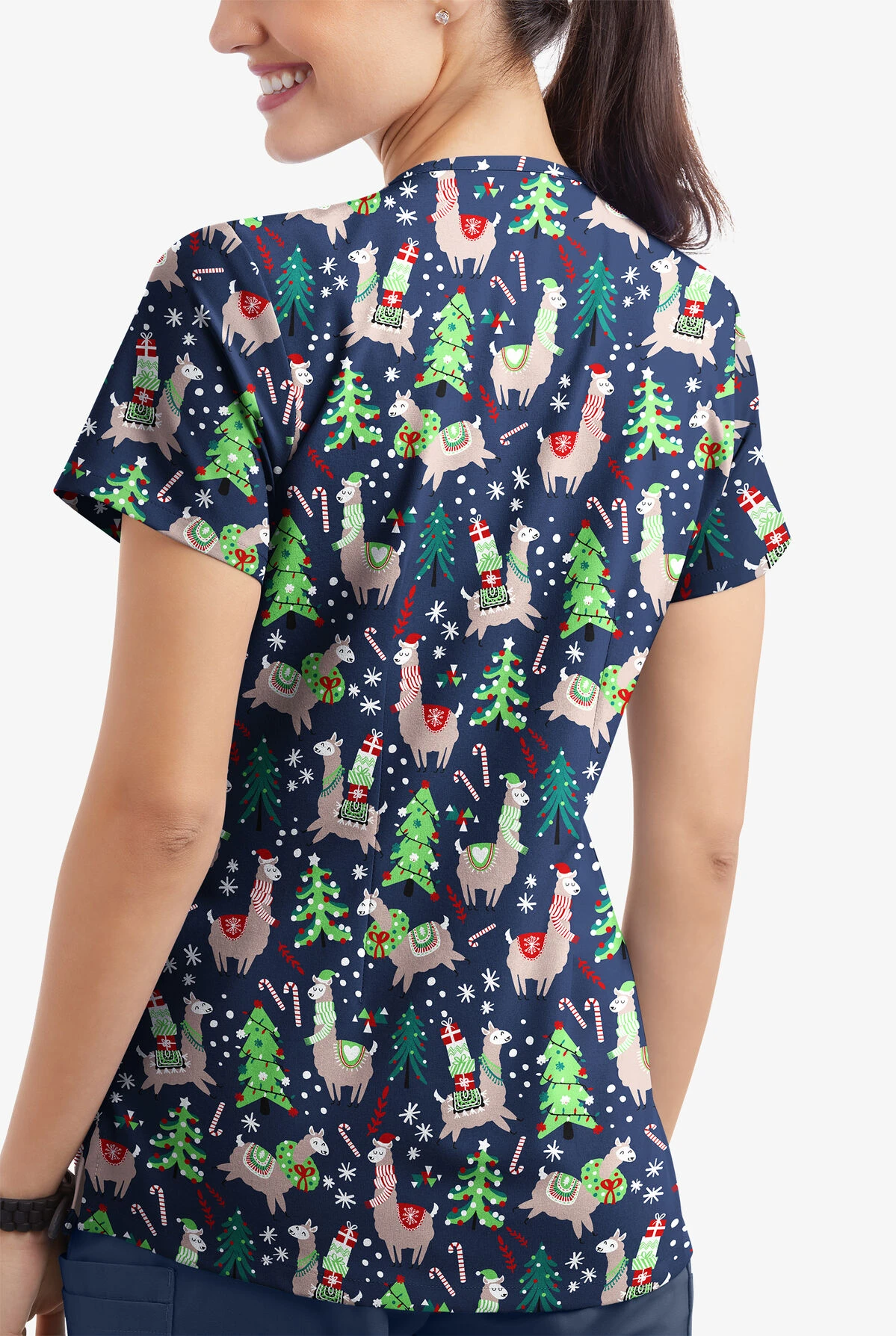 Butter-Soft Holiday Llamas Navy Women's 4-Pocket Rounded V-Neck Print Scrub Top 3 Butter-Soft Holiday Llamas Navy Women's 4-Pocket Rounded V-Neck Print Scrub Top - Image 3