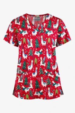 Butter-Soft Holiday Llamas Red Women's 4-Pocket Rounded V-Neck Print Scrub Top