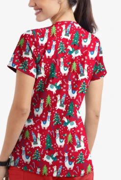 Butter-Soft Holiday Llamas Red Women's 4-Pocket Rounded V-Neck Print Scrub Top -Clinic Love Style TS697HLRD 3