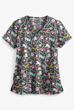 Butter-Soft Happy Ornaments Pewter Rounded Women's 4-Pocket V-Neck Print Scrub Top