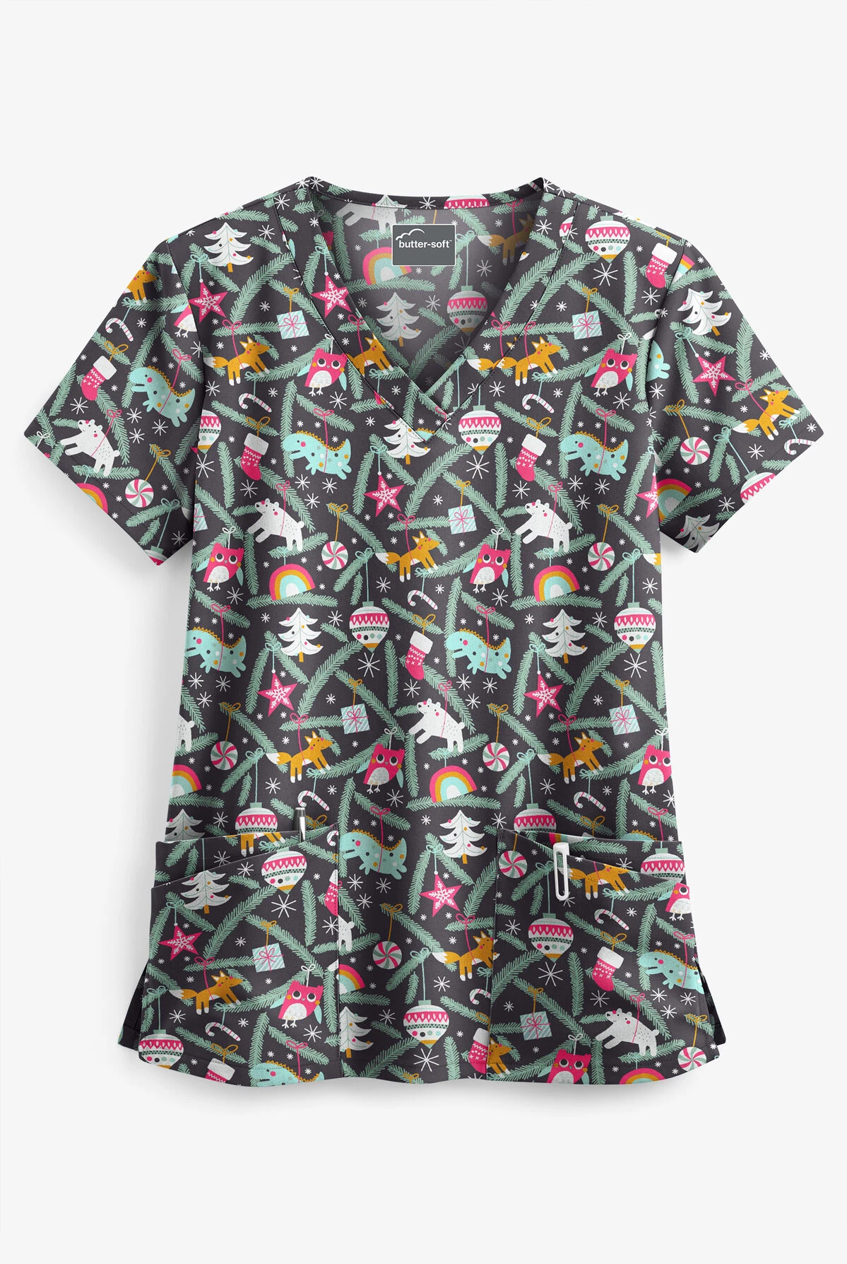 Butter-Soft Happy Ornaments Pewter Rounded Women's 4-Pocket V-Neck Print Scrub Top 1 Butter-Soft Happy Ornaments Pewter Rounded Women's 4-Pocket V-Neck Print Scrub Top