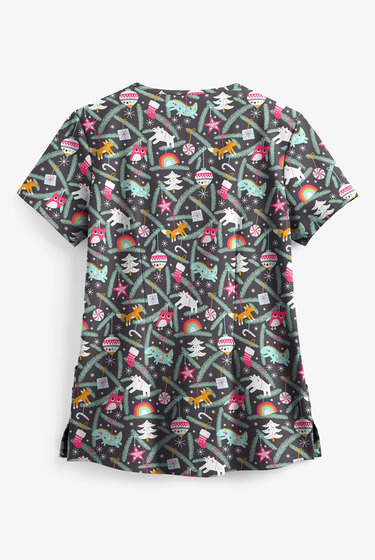 Butter-Soft Happy Ornaments Pewter Rounded Women's 4-Pocket V-Neck Print Scrub Top 2 Butter-Soft Happy Ornaments Pewter Rounded Women's 4-Pocket V-Neck Print Scrub Top - Image 2