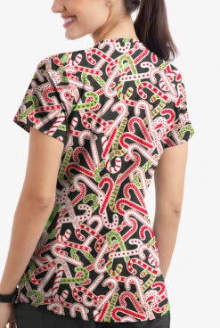 Butter-Soft Noel Candy Canes Women's 4-Pocket Rounded V-Neck Print Scrub Top -Clinic Love Style TS697NCBL 3