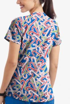 Butter-Soft Noel Candy Canes Royal Women's 4-Pocket Rounded V-Neck Print Scrub Top -Clinic Love Style TS697NCRL 3