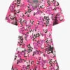 Butter-Soft Pink Ribbon Bouquet Women's 4-Pocket Rounded V-Neck Print Scrub Top