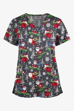 Butter-Soft Santa On Vacation Pewter Women's 4-Pocket Rounded V-Neck Print Scrub Top