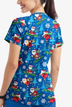 Butter-Soft Santa On Vacation Royal Women's 4-Pocket Rounded V-Neck Printed Scrub Top -Clinic Love Style TS697SVRL 3