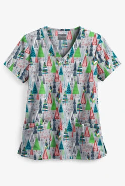 Butter-Soft Wintertime Silver Rounded Women's 4-Pocket V-Neck Print Scrub Top