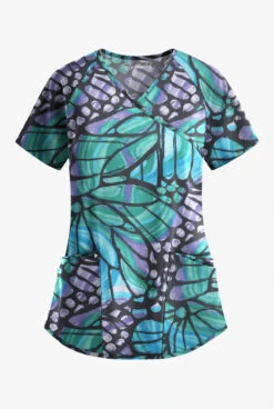 Easy Stretch By Butter-Soft Kaleidoscope Butterflies Women's 4-Pocket Raglan Printed Scrub Top
