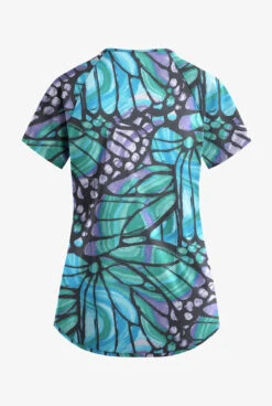 Easy Stretch By Butter-Soft Kaleidoscope Butterflies Women's 4-Pocket Raglan Printed Scrub Top -Clinic Love Style TS728KBPW 3
