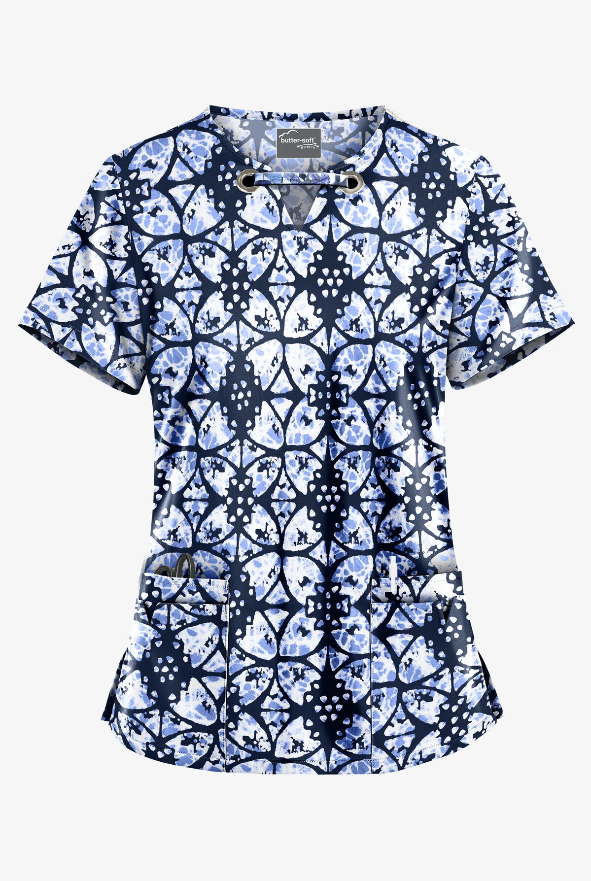 UA Butter-Soft STRETCH Desert Rose Navy Women's 4-Pocket Large Grommet Print Scrub Top 1 UA Butter-Soft STRETCH Desert Rose Navy Women's 4-Pocket Large Grommet Print Scrub Top