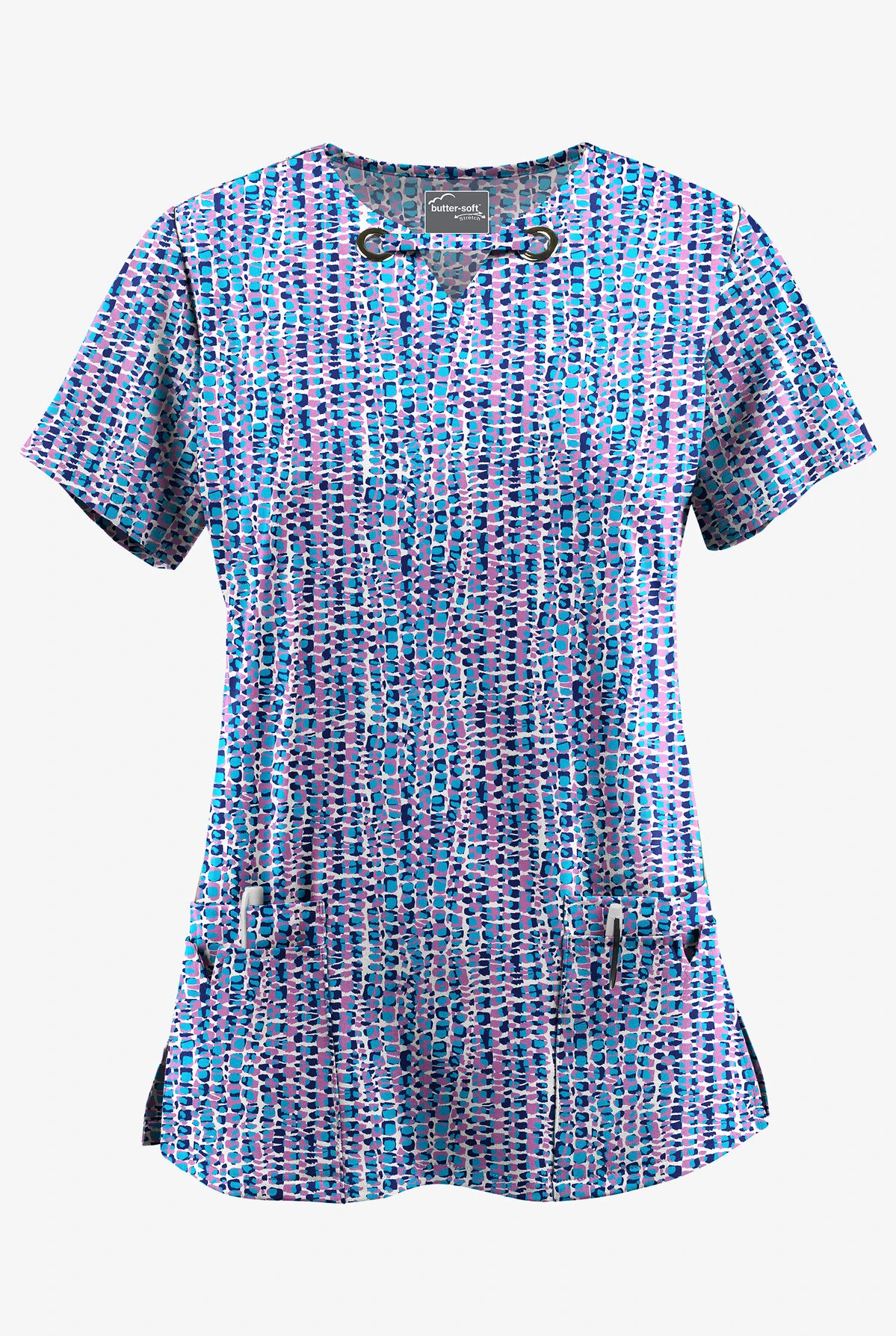 UA Butter-Soft STRETCH Urban Animal Orchid Women's 4-Pocket Grommet Printed Scrub Top 1 UA Butter-Soft STRETCH Urban Animal Orchid Women's 4-Pocket Grommet Printed Scrub Top