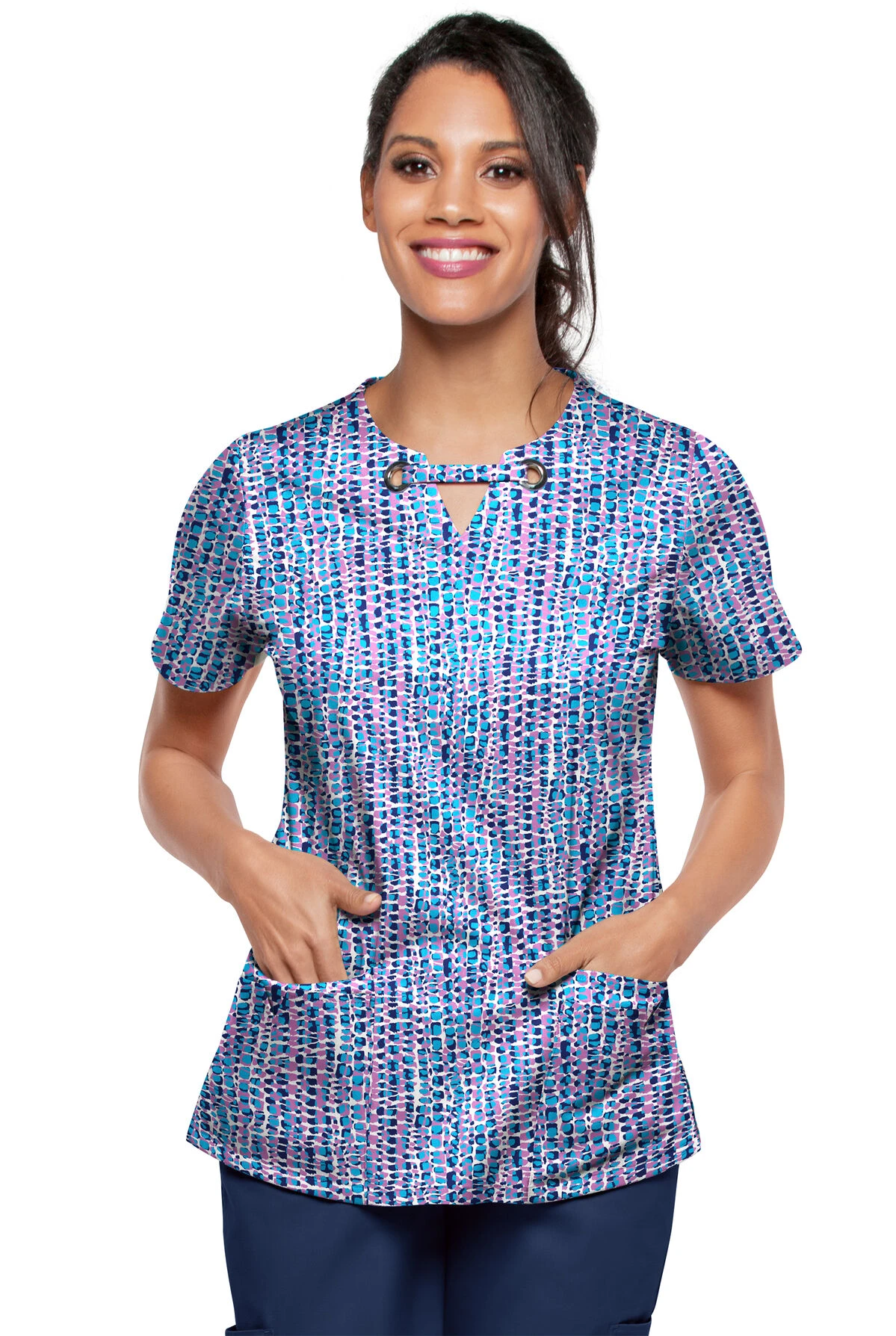 UA Butter-Soft STRETCH Urban Animal Orchid Women's 4-Pocket Grommet Printed Scrub Top 2 UA Butter-Soft STRETCH Urban Animal Orchid Women's 4-Pocket Grommet Printed Scrub Top - Image 2