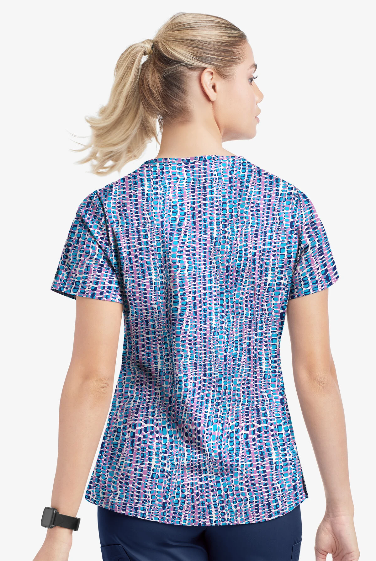 UA Butter-Soft STRETCH Urban Animal Orchid Women's 4-Pocket Grommet Printed Scrub Top 3 UA Butter-Soft STRETCH Urban Animal Orchid Women's 4-Pocket Grommet Printed Scrub Top - Image 3