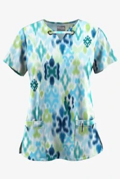 UA Butter-Soft STRETCH Varna Ikat Turquoise Women's 4-Pocket Grommet Printed Scrub Top