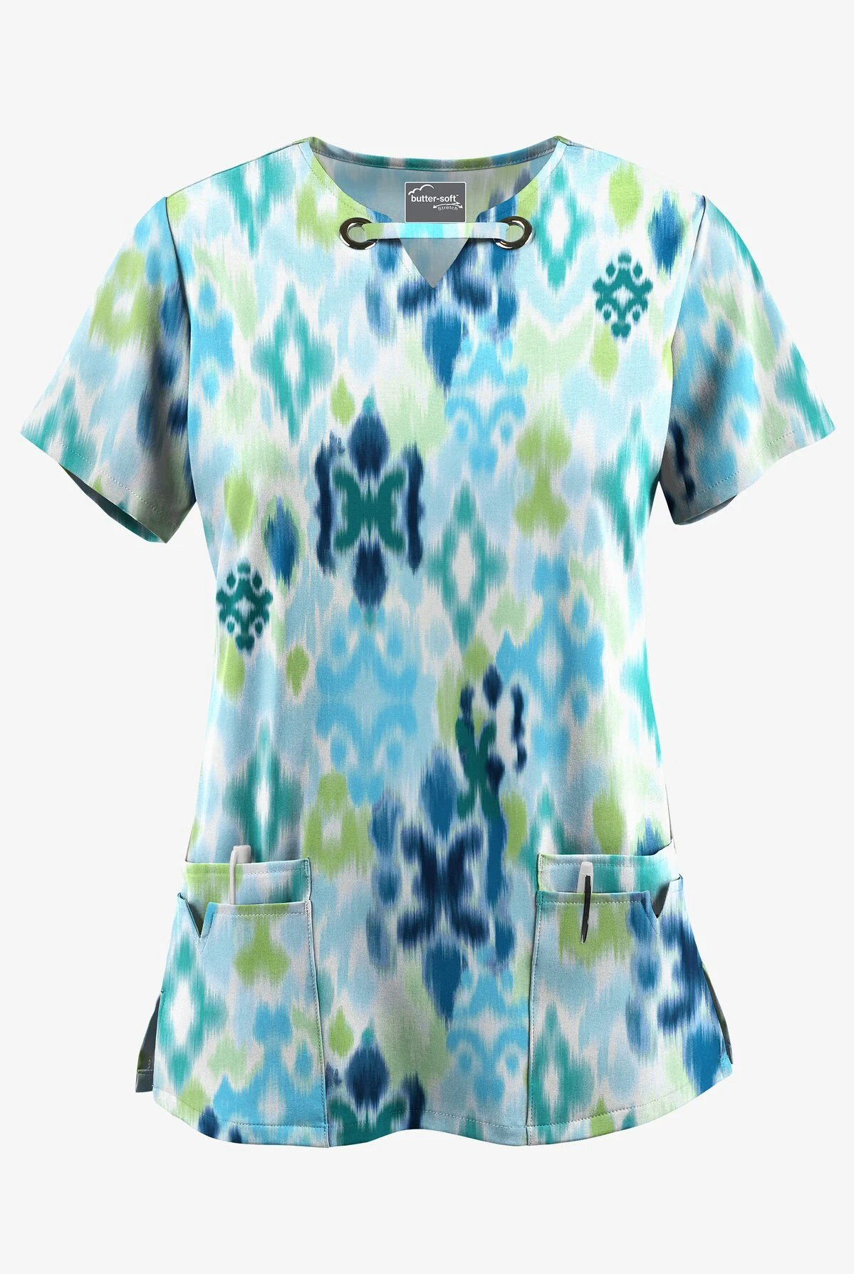 UA Butter-Soft STRETCH Varna Ikat Turquoise Women's 4-Pocket Grommet Printed Scrub Top 1 UA Butter-Soft STRETCH Varna Ikat Turquoise Women's 4-Pocket Grommet Printed Scrub Top