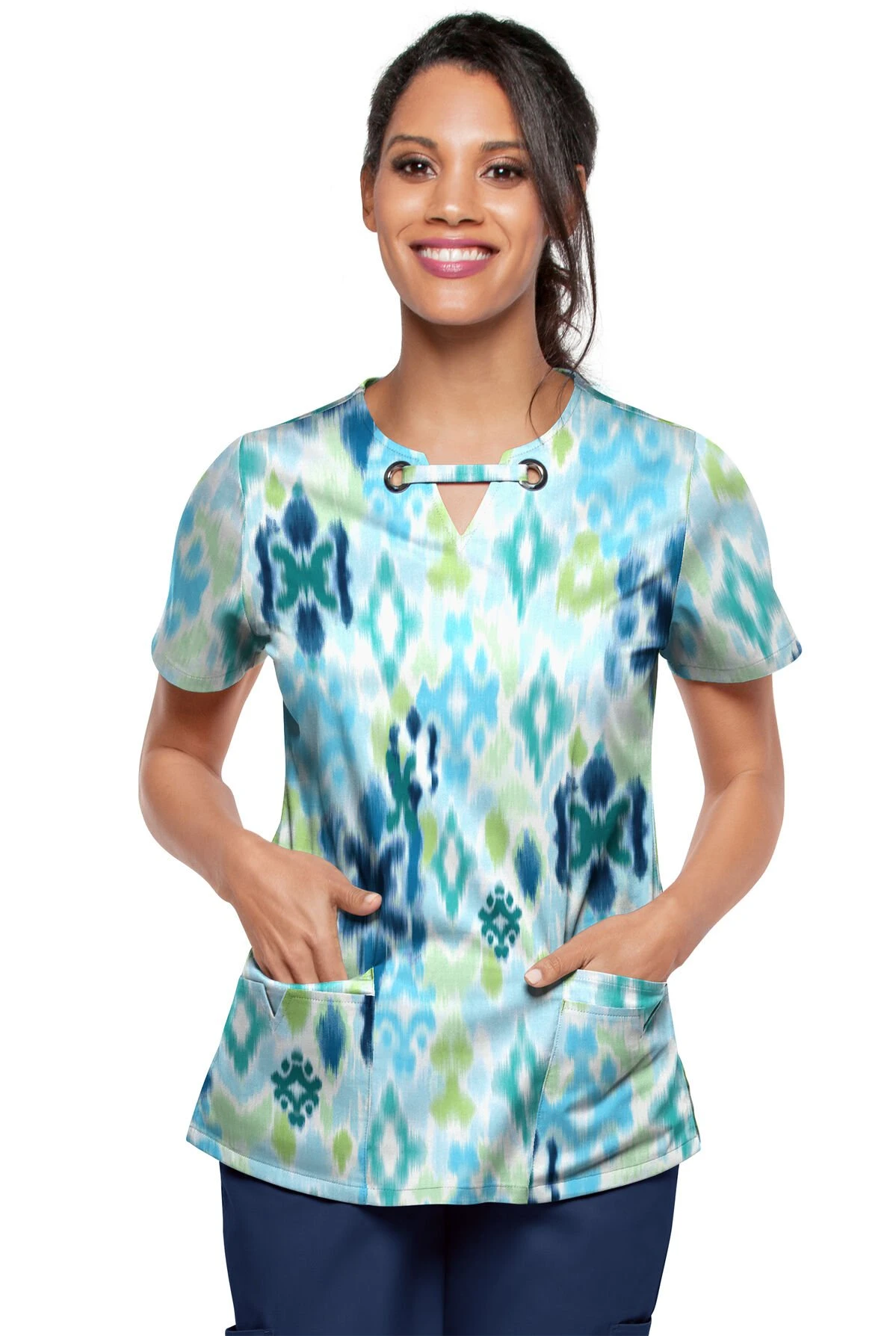 UA Butter-Soft STRETCH Varna Ikat Turquoise Women's 4-Pocket Grommet Printed Scrub Top 2 UA Butter-Soft STRETCH Varna Ikat Turquoise Women's 4-Pocket Grommet Printed Scrub Top - Image 2