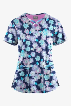 Butter-Soft STRETCH Bloom Butterflies & Belize Ikat Womens 4-Pocket Crisscross Mixed Print Scrub Top