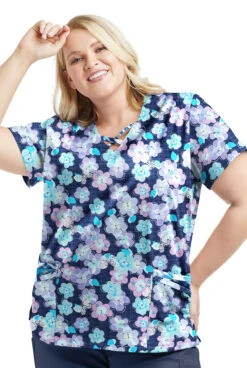 Butter-Soft STRETCH Bloom Butterflies & Belize Ikat Womens 4-Pocket Crisscross Mixed Print Scrub Top -Clinic Love Style TS756BBNV 100323 3