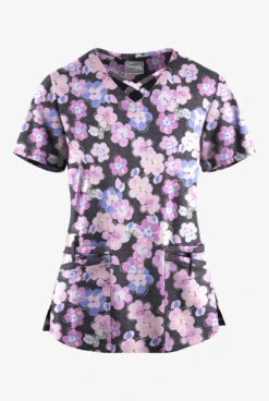 UA Butter-Soft STRETCH Blooms And Butterflies Pewter Women's 4-Pocket Crisscross Printed Scrub Top