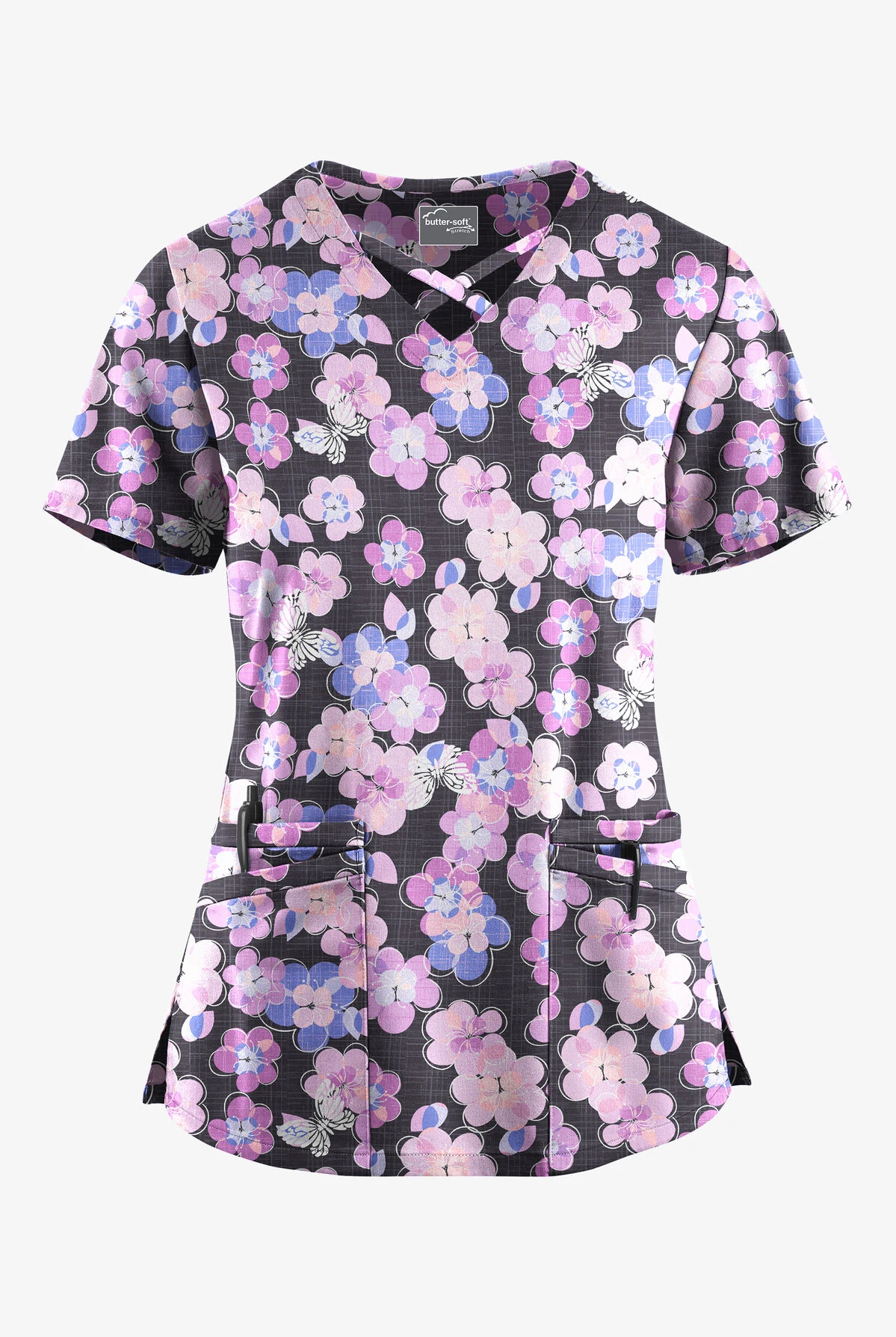 UA Butter-Soft STRETCH Blooms And Butterflies Pewter Women's 4-Pocket Crisscross Printed Scrub Top 1 UA Butter-Soft STRETCH Blooms And Butterflies Pewter Women's 4-Pocket Crisscross Printed Scrub Top
