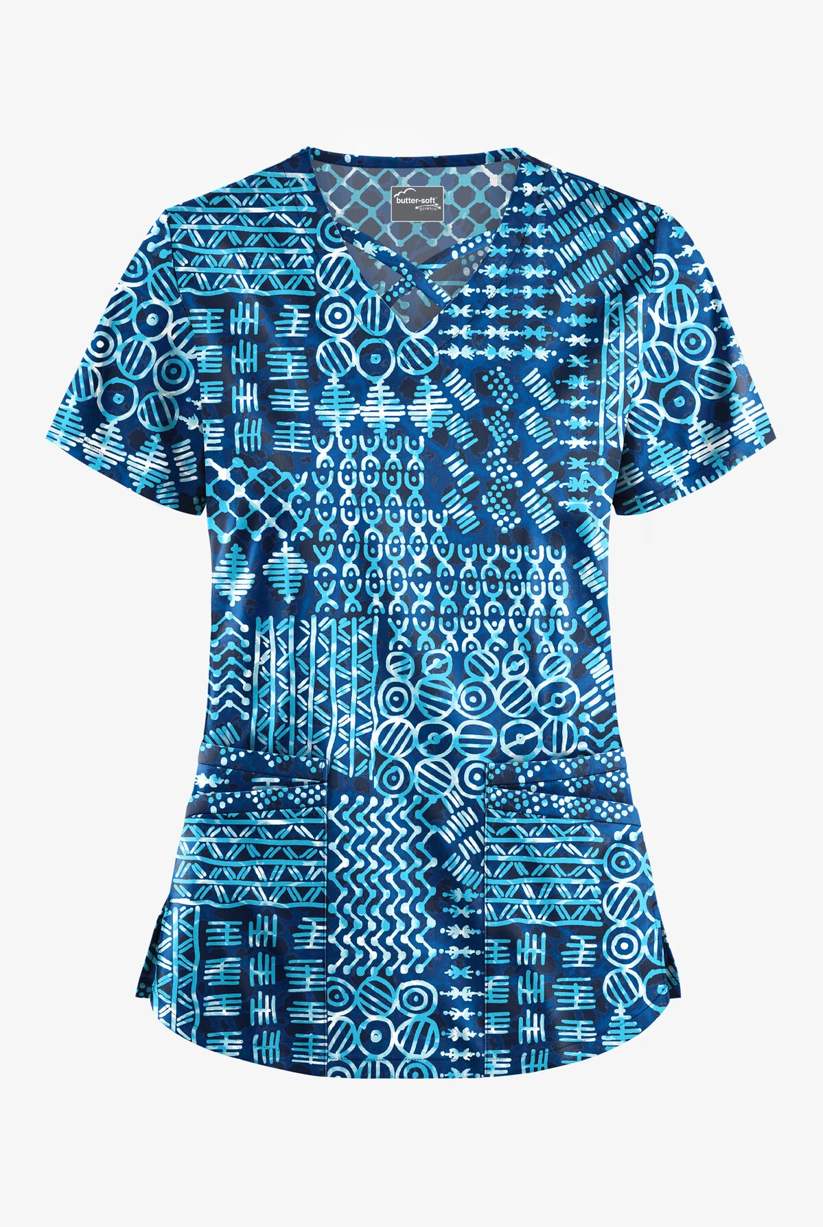 UA Butter-Soft STRETCH Dondo Patchwork Navy Women's 4-Pocket Criss Cross Print Scrub Top 1 UA Butter-Soft STRETCH Dondo Patchwork Navy Women's 4-Pocket Criss Cross Print Scrub Top