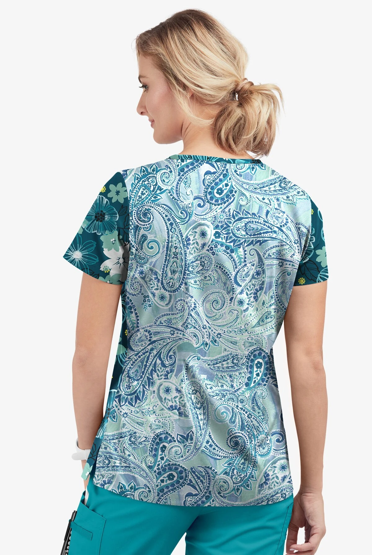 Butter-Soft STRETCH Floral Mirage & Paisley Womens 4-Pocket Crisscross Mixed Print Scrub Top 2 Butter-Soft STRETCH Floral Mirage & Paisley Womens 4-Pocket Crisscross Mixed Print Scrub Top - Image 2