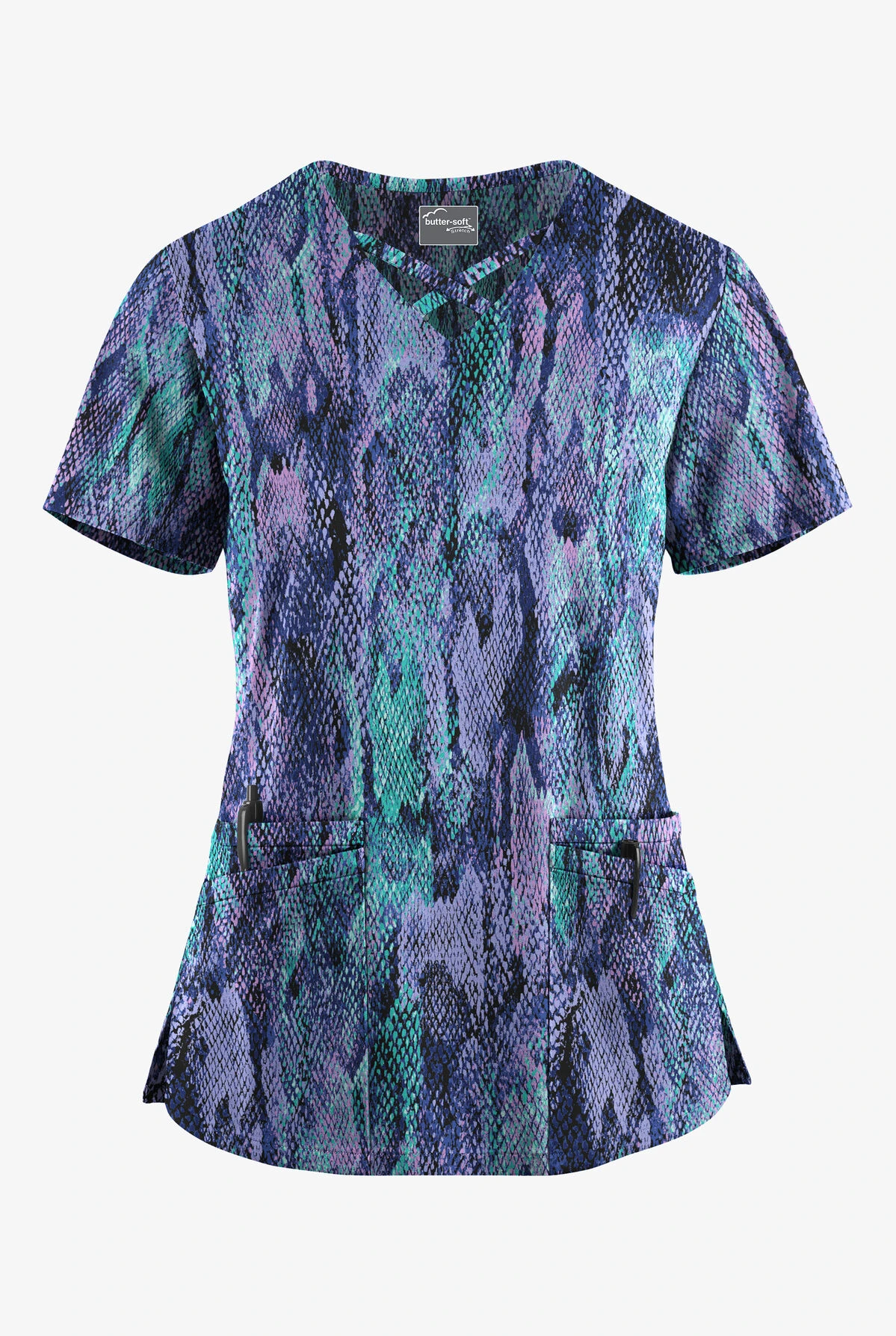 UA Butter-Soft STRETCH Lux Python Black Printed Women's 4-Pocket Crisscross Scrub Top 1 UA Butter-Soft STRETCH Lux Python Black Printed Women's 4-Pocket Crisscross Scrub Top