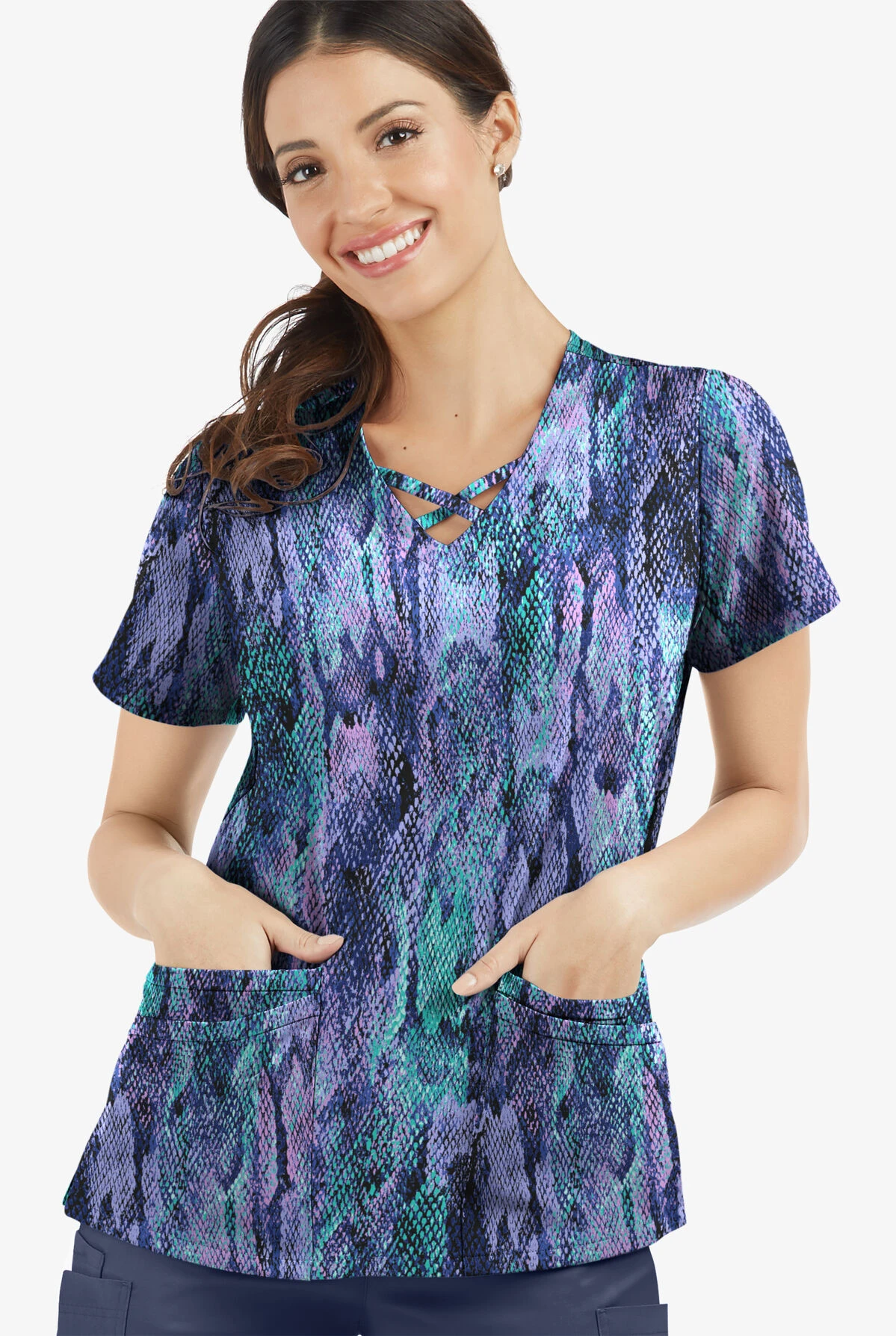 UA Butter-Soft STRETCH Lux Python Black Printed Women's 4-Pocket Crisscross Scrub Top 2 UA Butter-Soft STRETCH Lux Python Black Printed Women's 4-Pocket Crisscross Scrub Top - Image 2